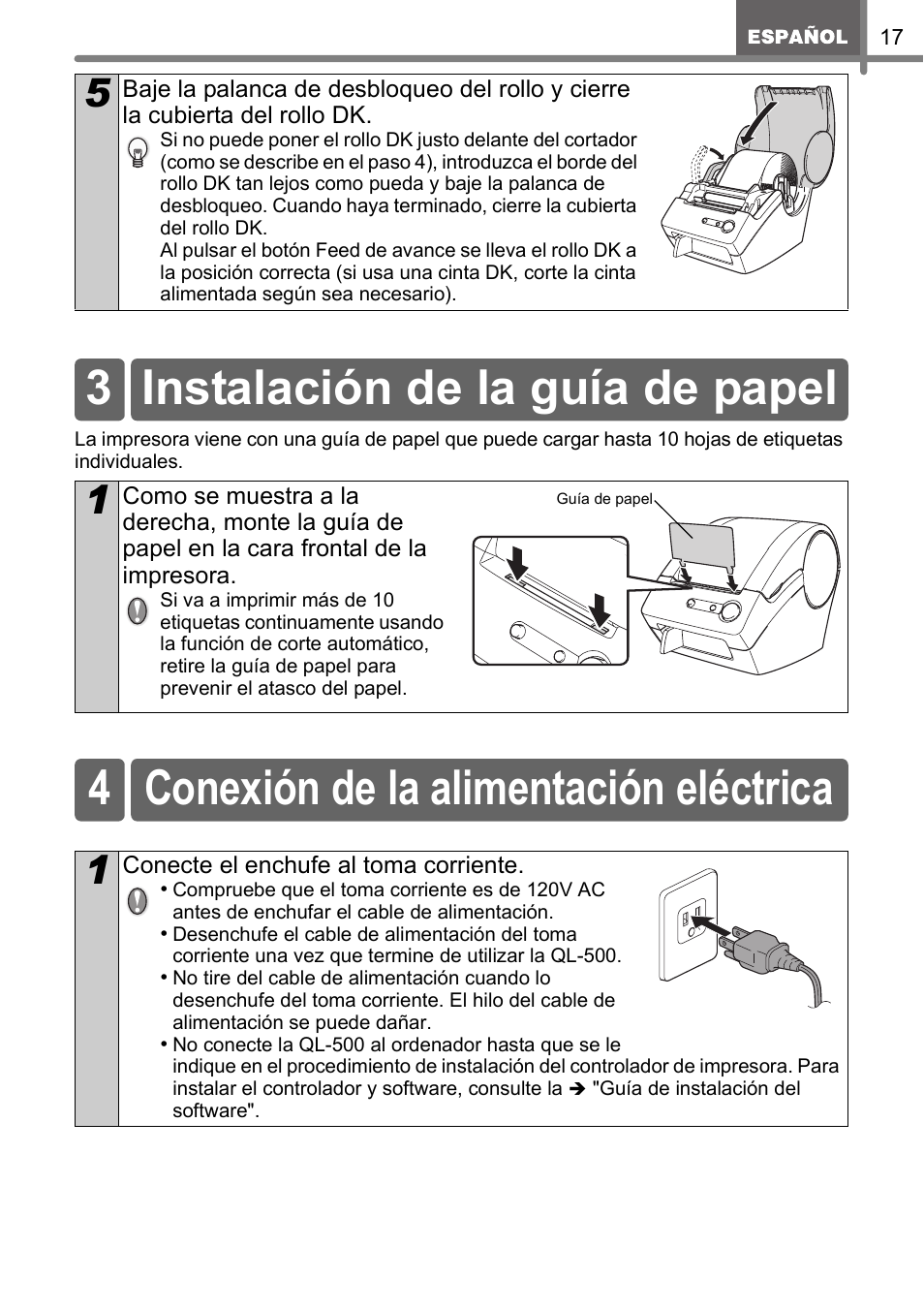 3 instalación de la guía de papel, 4 conexión de la alimentación eléctrica | Brother QL-500 User Manual | Page 47 / 62