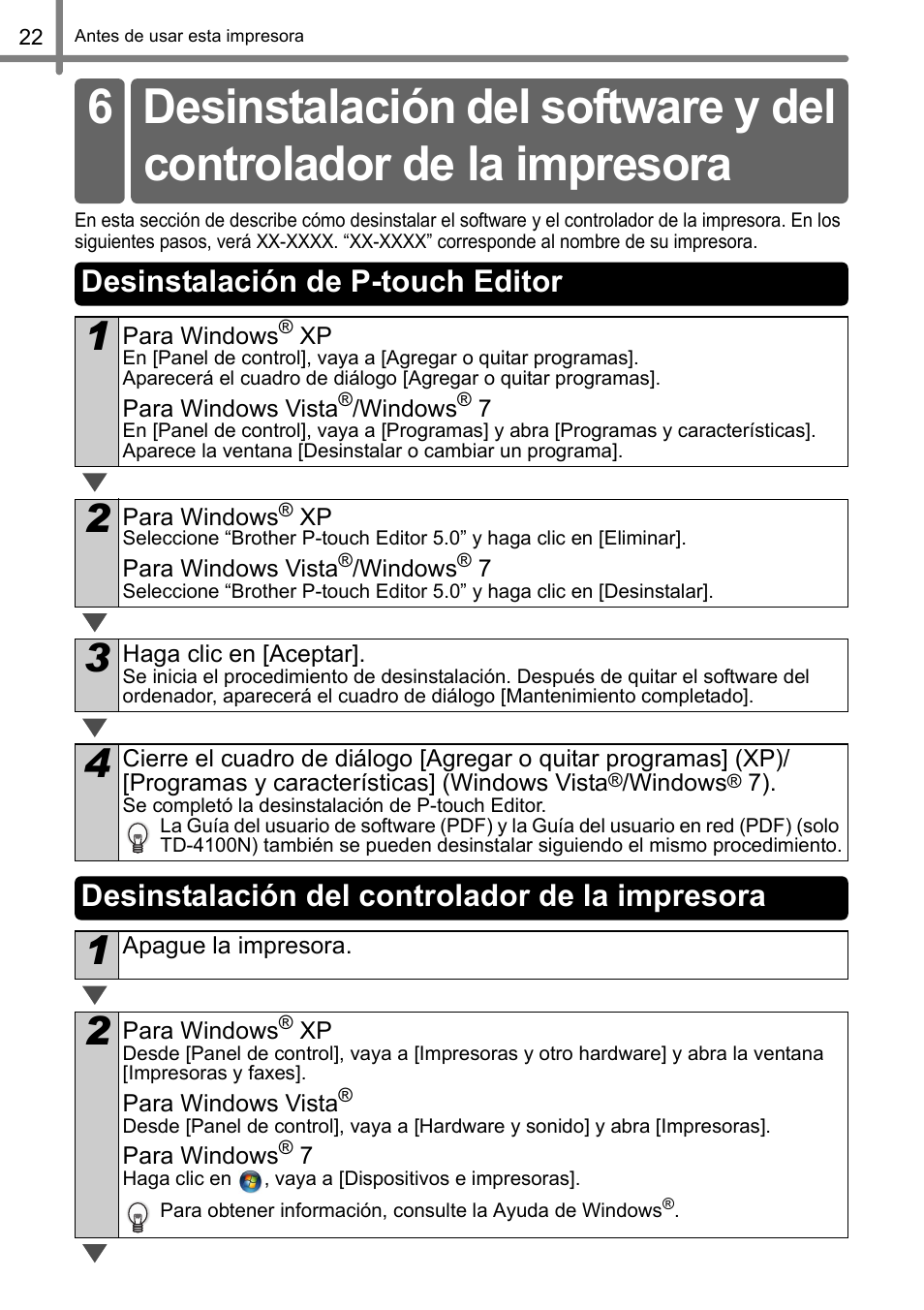 Desinstalación de p-touch editor, Desinstalación del controlador de la impresora | Brother QL-500 User Manual | Page 52 / 62