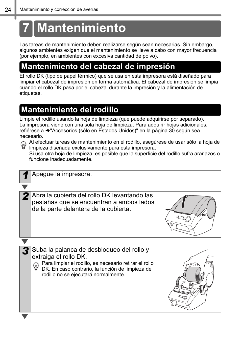 7 mantenimiento, Mantenimiento del cabezal de impresión, Mantenimiento del rodillo | Brother QL-500 User Manual | Page 54 / 62