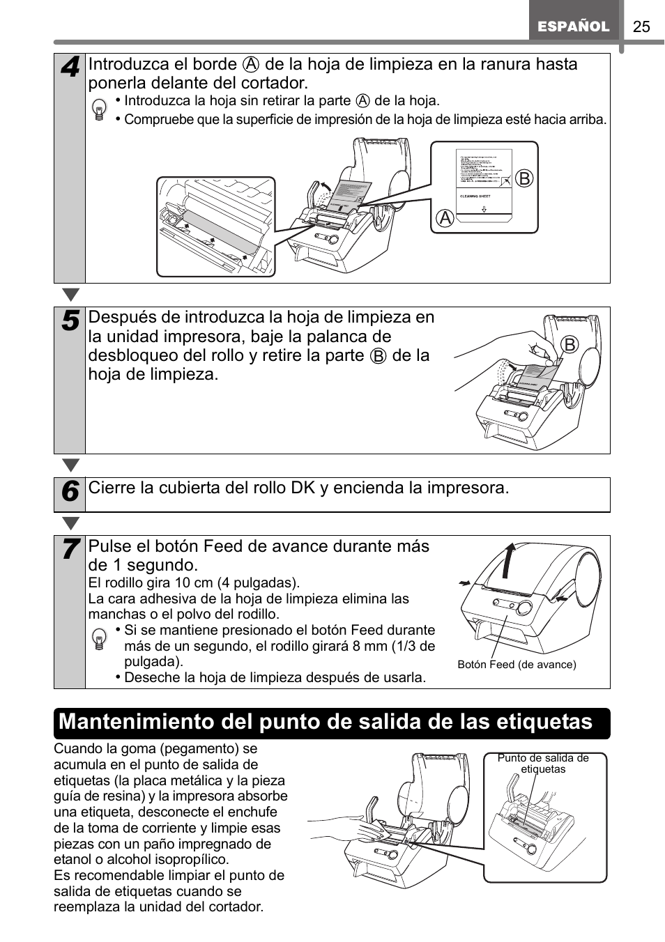 Mantenimiento del punto de salida de las etiquetas | Brother QL-500 User Manual | Page 55 / 62