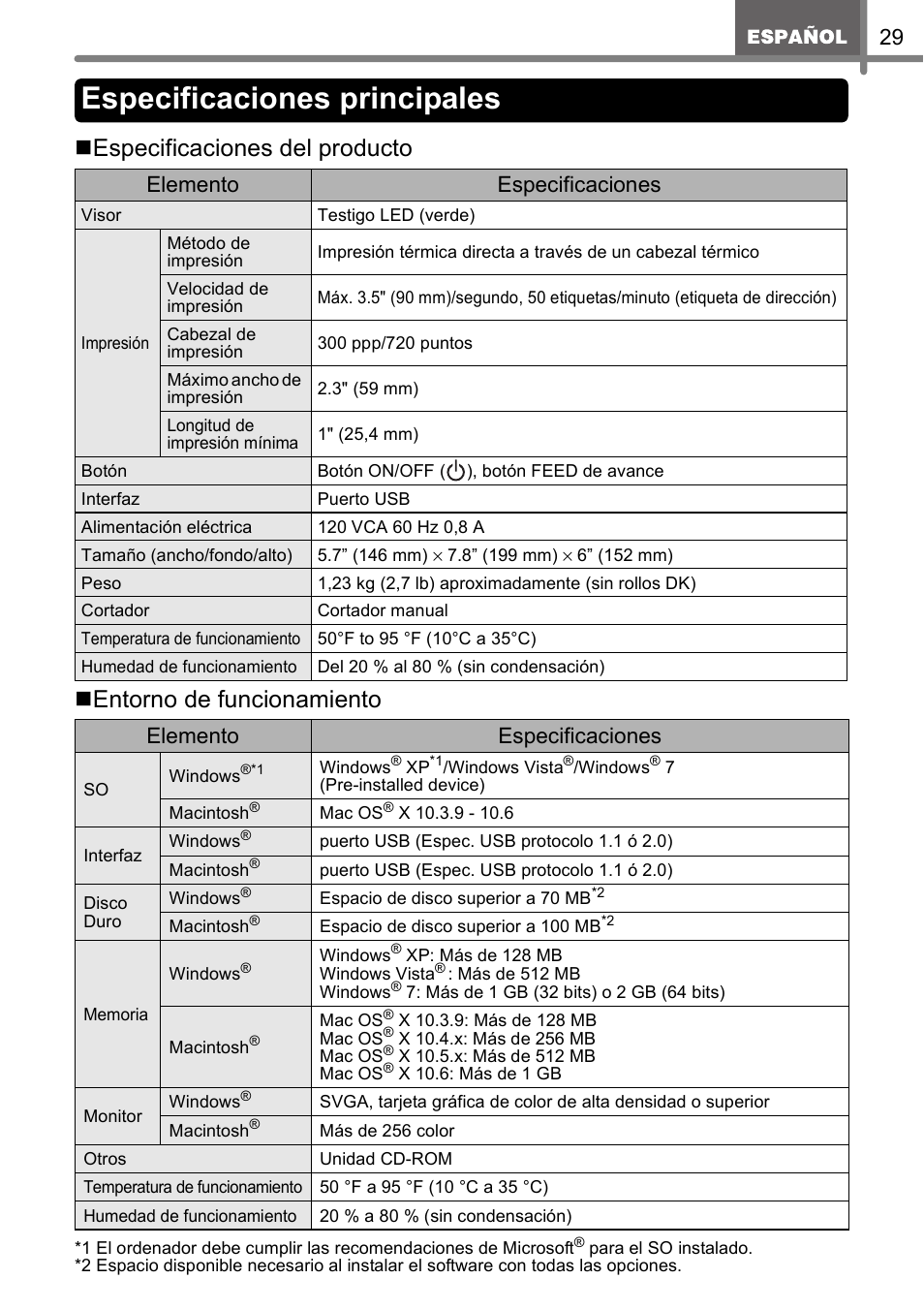 Especificaciones principales, Elemento especificaciones | Brother QL-500 User Manual | Page 59 / 62