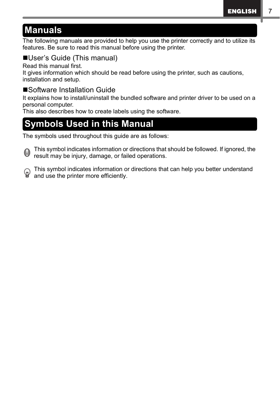 Manuals, Symbols used in this manual, Manuals symbols used in this manual | Brother QL-500 User Manual | Page 7 / 62