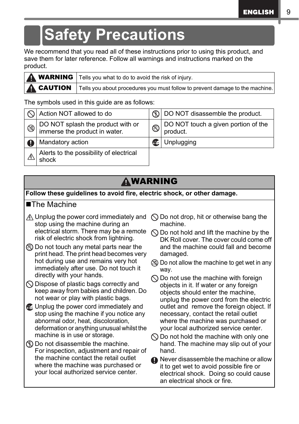 Safety precautions, Warning | Brother QL-500 User Manual | Page 9 / 62