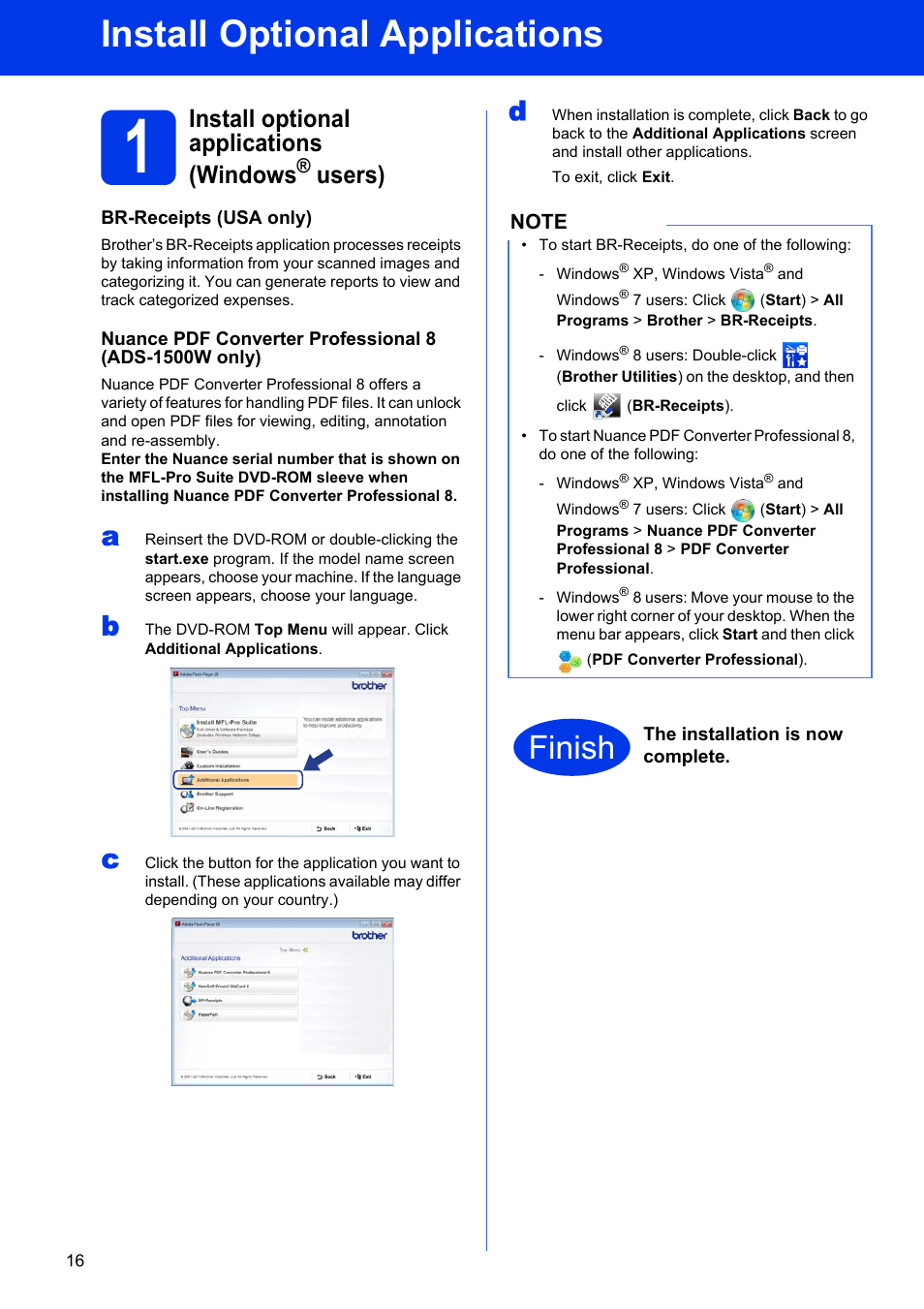 Install optional applications, Install optional applications (windows® users), Finish | Install optional applications (windows, Users) | Brother ADS-1500W User Manual | Page 16 / 34