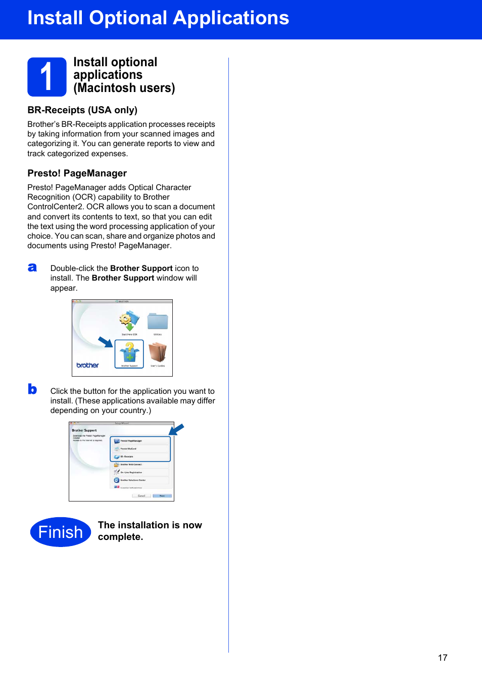 Install optional applications (macintosh users), Install optional applications, Finish | Brother ADS-1500W User Manual | Page 17 / 34