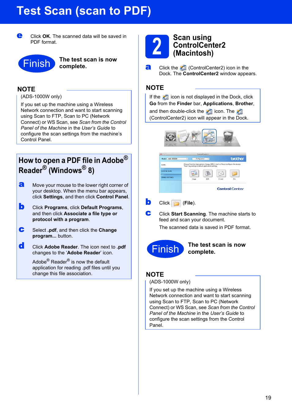 Scan using controlcenter2 (macintosh), How to open a pdf file in adobe, Reader | Windows, Test scan (scan to pdf), Finish | Brother ADS-1500W User Manual | Page 19 / 34