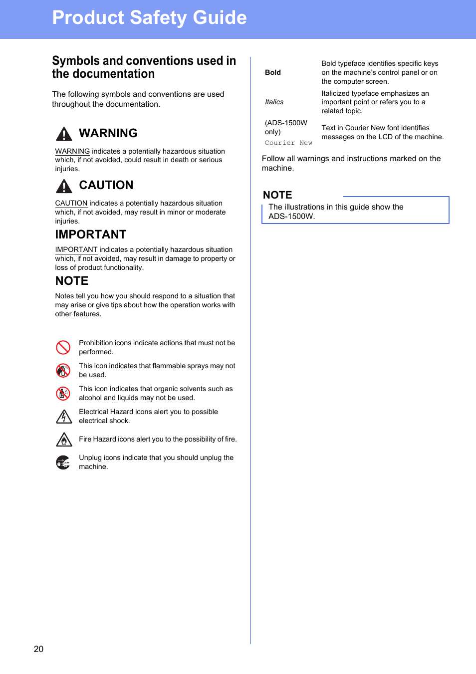 Product safety guide, Symbols and conventions used in the documentation, Warning | Caution, Important | Brother ADS-1500W User Manual | Page 20 / 34
