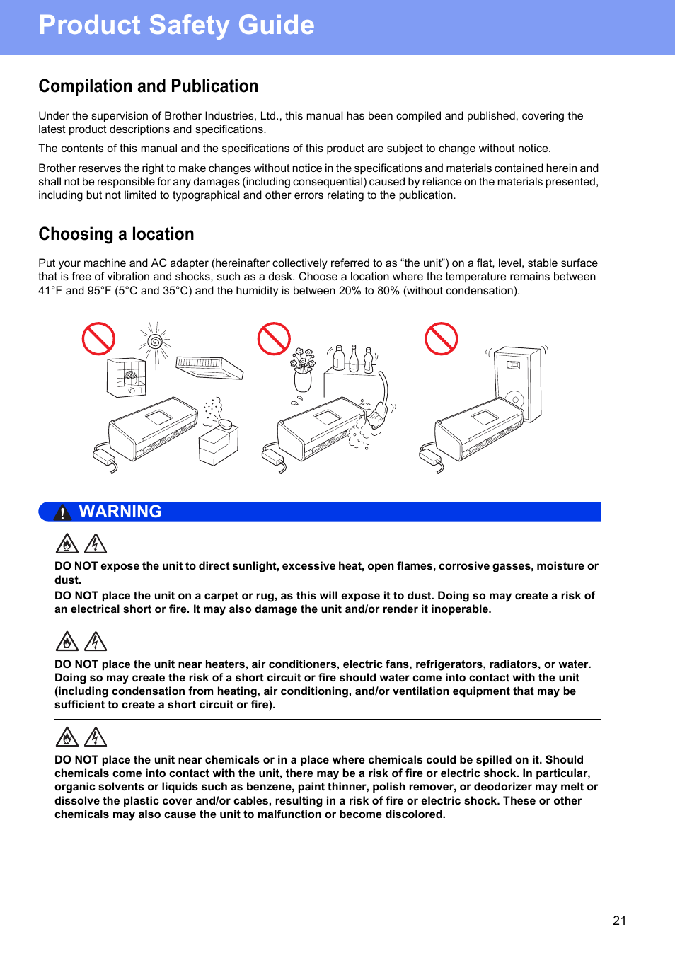 Compilation and publication, Choosing a location, Product safety guide | Warning | Brother ADS-1500W User Manual | Page 21 / 34