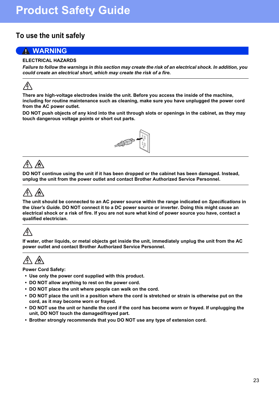 To use the unit safely, Product safety guide, Warning | Brother ADS-1500W User Manual | Page 23 / 34