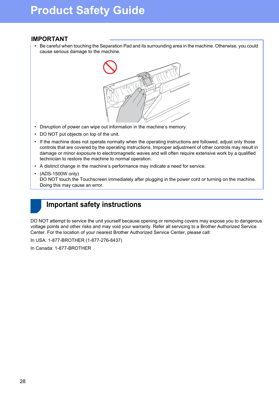 Important safety instructions, Product safety guide | Brother ADS-1500W User Manual | Page 28 / 34