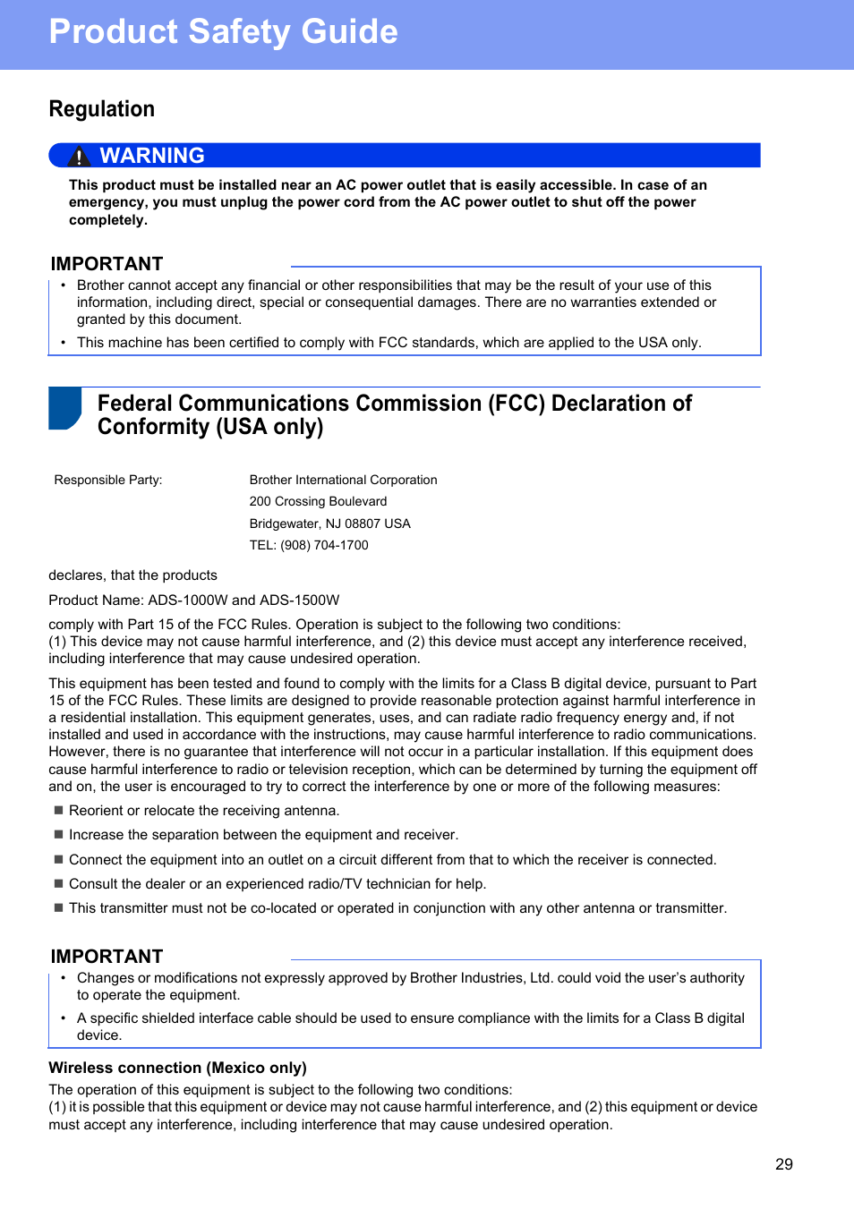 Regulation, Product safety guide, Warning | Important | Brother ADS-1500W User Manual | Page 29 / 34