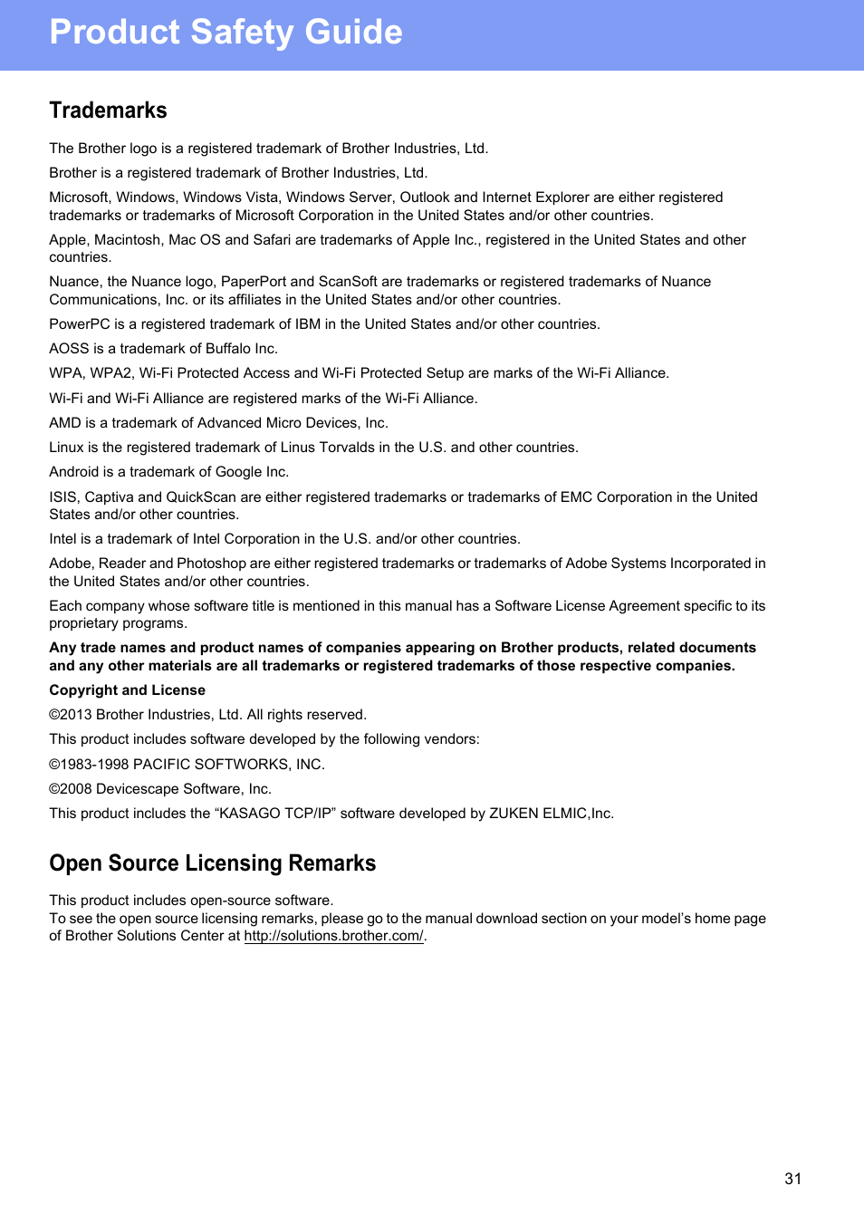 Trademarks, Open source licensing remarks, Product safety guide | Brother ADS-1500W User Manual | Page 31 / 34