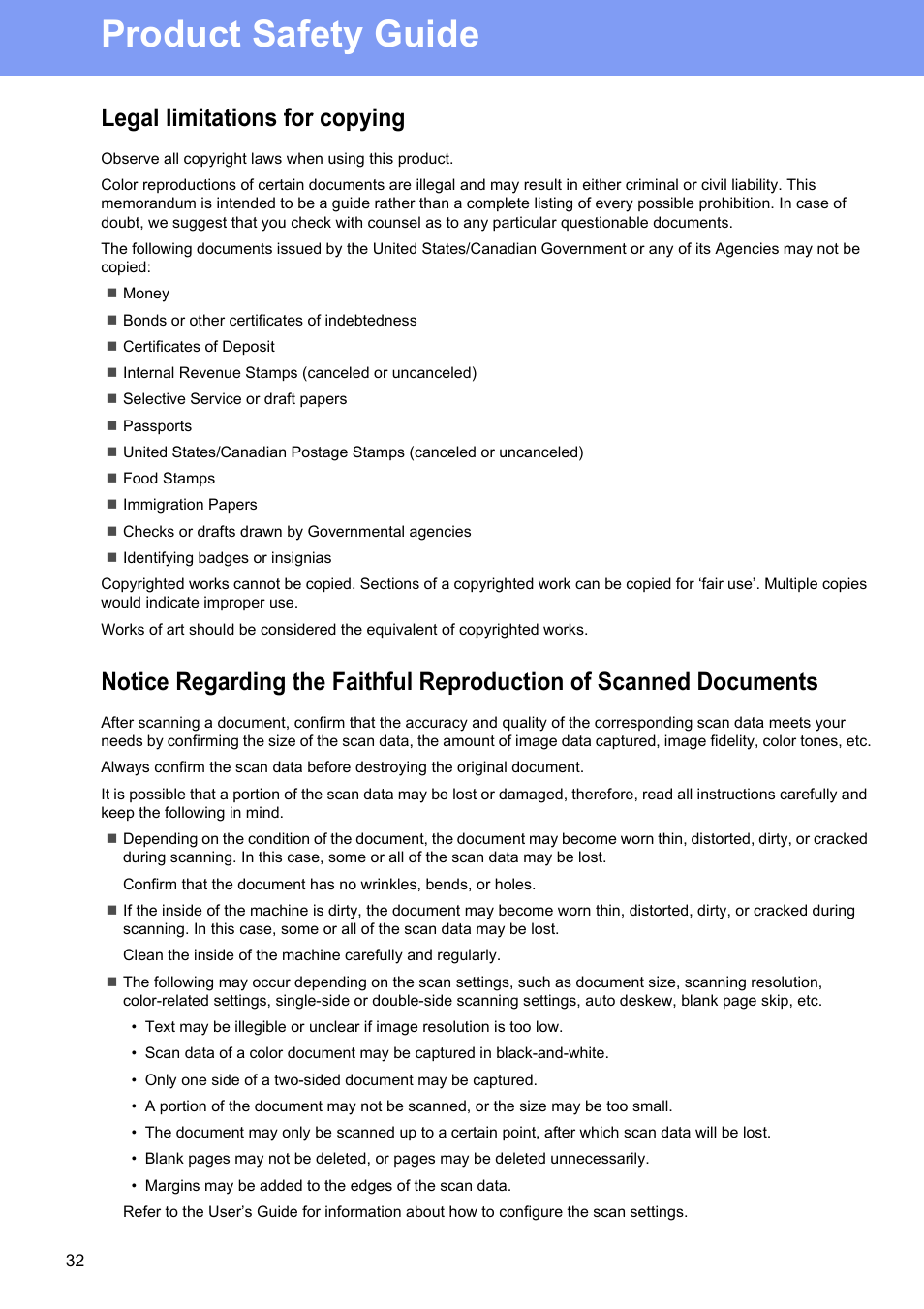 Legal limitations for copying, Product safety guide | Brother ADS-1500W User Manual | Page 32 / 34