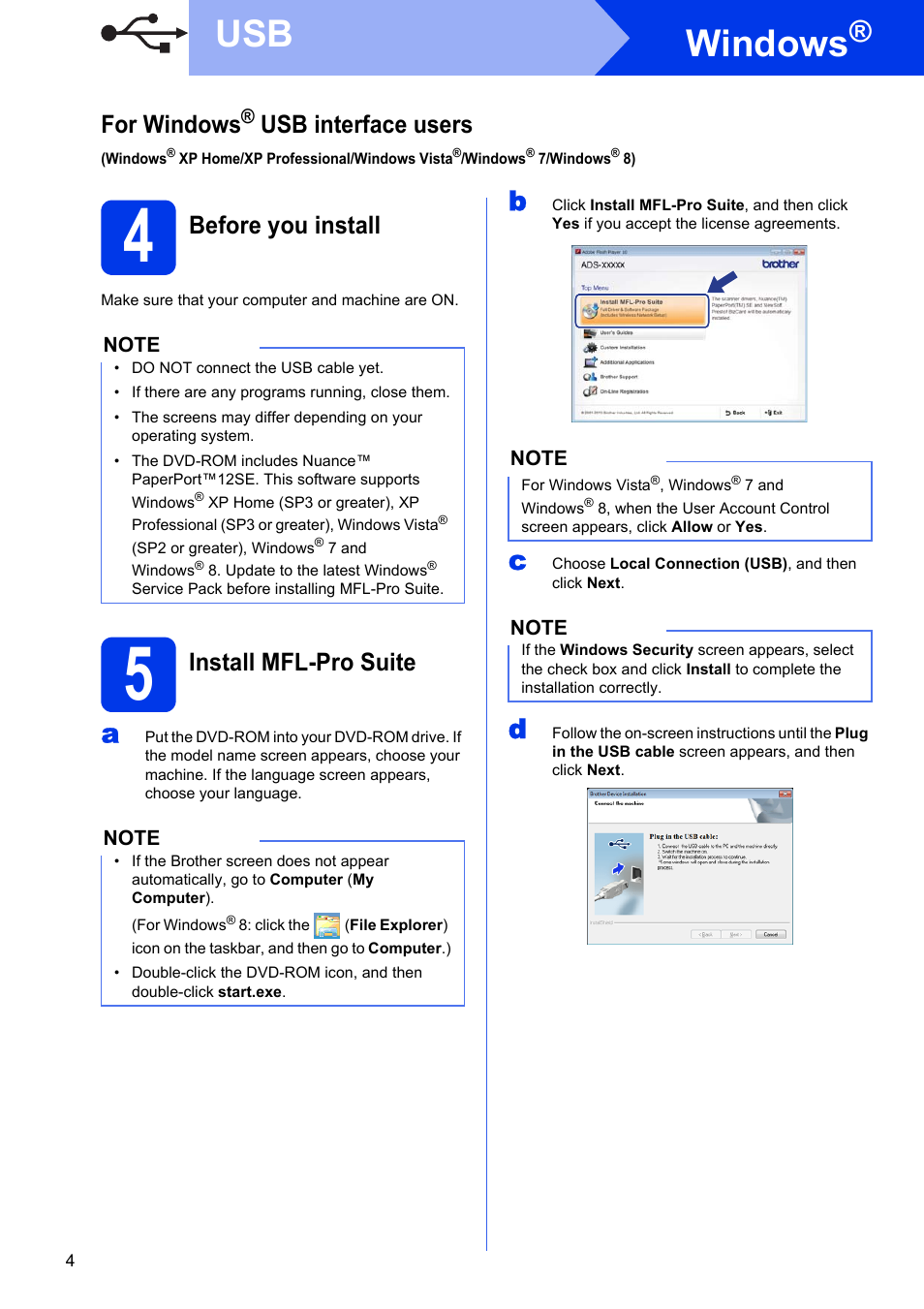 For windows® usb interface users, Before you install, Install mfl-pro suite | Windows, For windows, Usb interface users | Brother ADS-1500W User Manual | Page 4 / 34