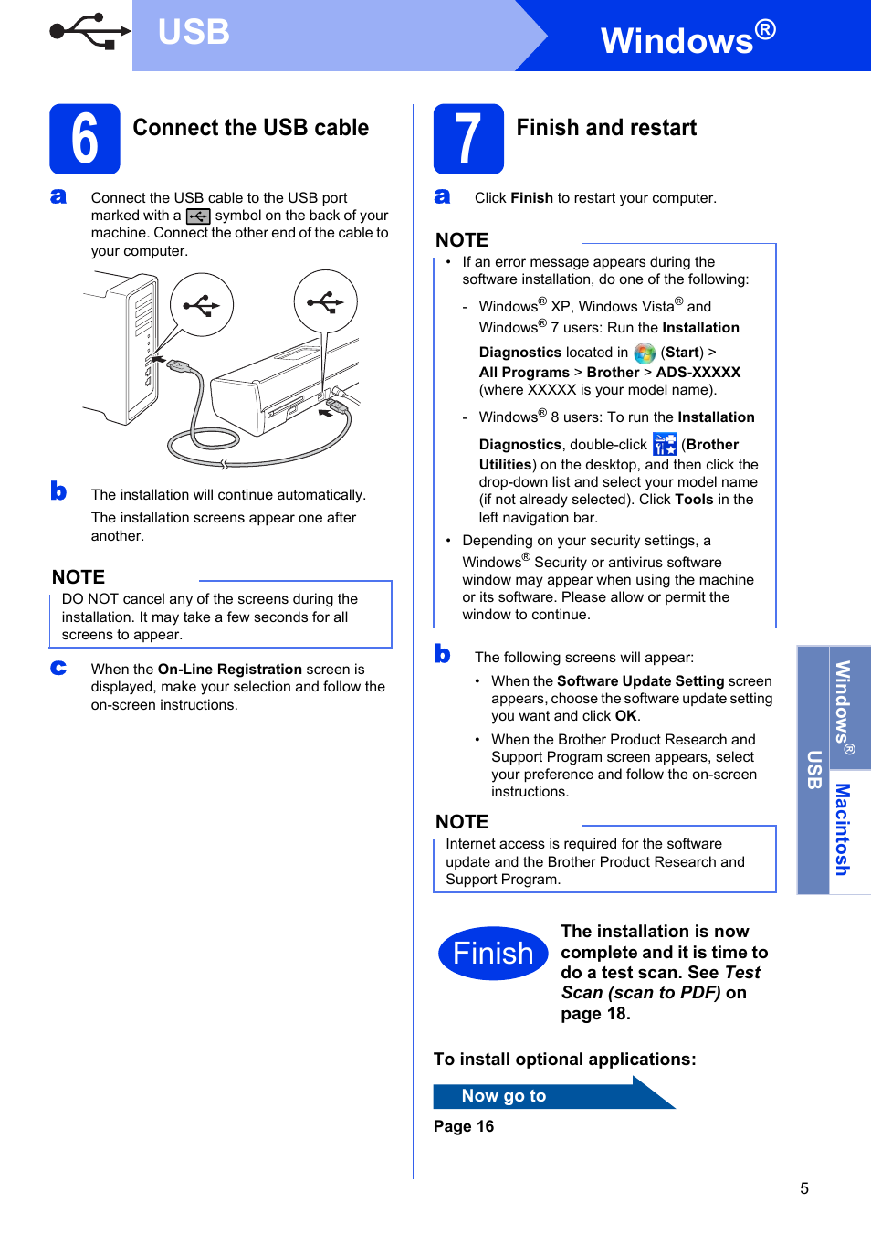 Connect the usb cable, Finish and restart, Windows | Finish | Brother ADS-1500W User Manual | Page 5 / 34