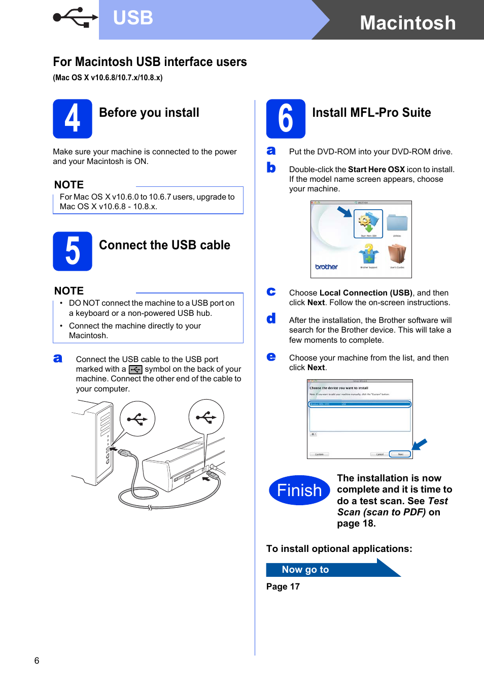 For macintosh usb interface users, Before you install, Connect the usb cable | Install mfl-pro suite, Macintosh usb, Finish | Brother ADS-1500W User Manual | Page 6 / 34