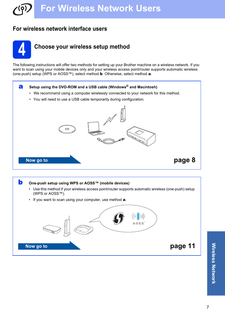 For wireless network interface users, Choose your wireless setup method, For wireless network users | Page 8 b, Page 11 | Brother ADS-1500W User Manual | Page 7 / 34