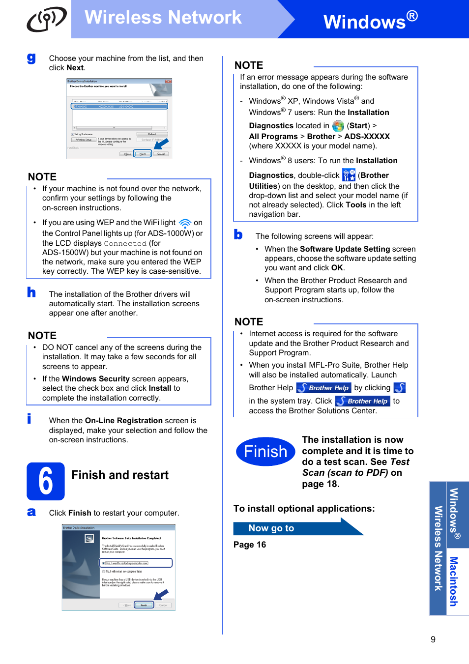 Finish and restart, Windows, Wireless network | Finish | Brother ADS-1500W User Manual | Page 9 / 34