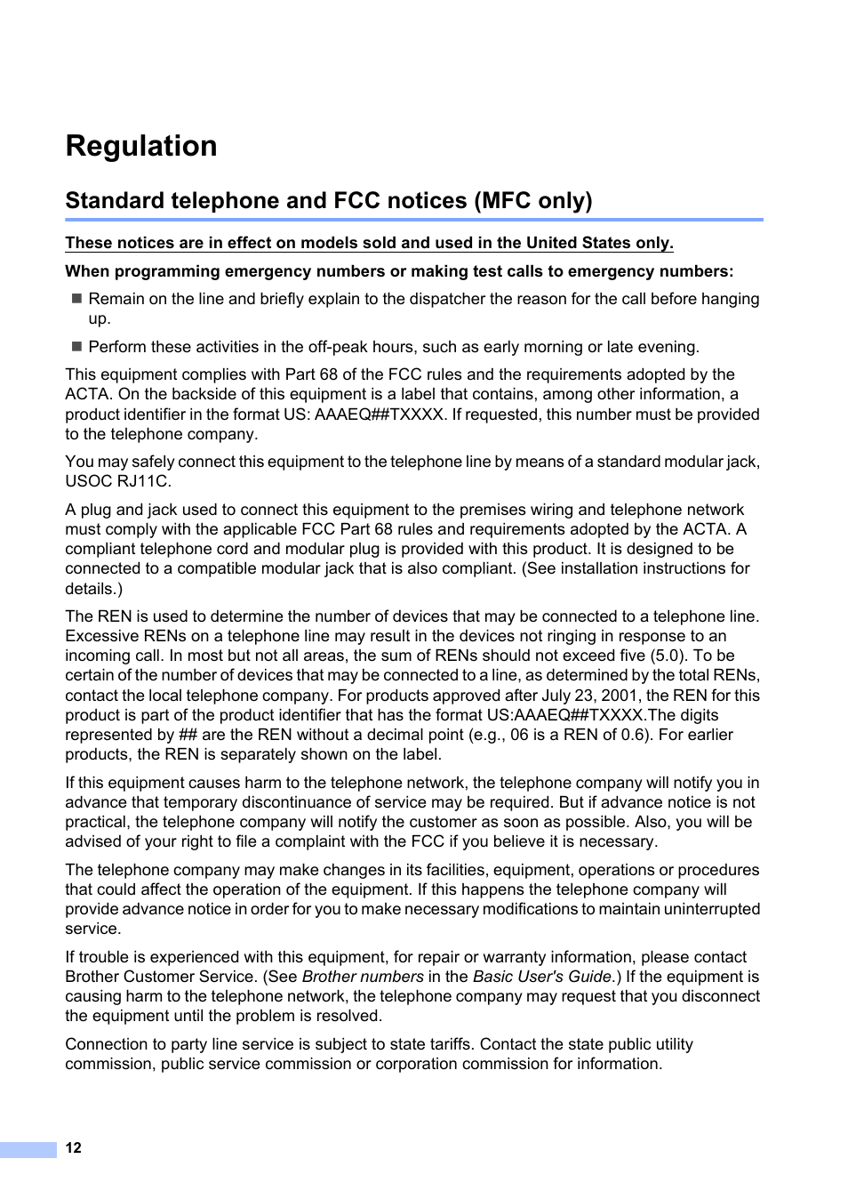 Regulation, Standard telephone and fcc notices (mfc only) | Brother HL-2240 User Manual | Page 12 / 21