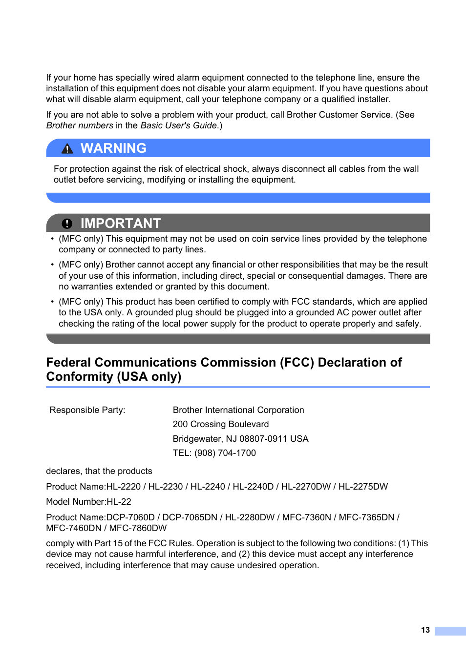 Warning, Important | Brother HL-2240 User Manual | Page 13 / 21