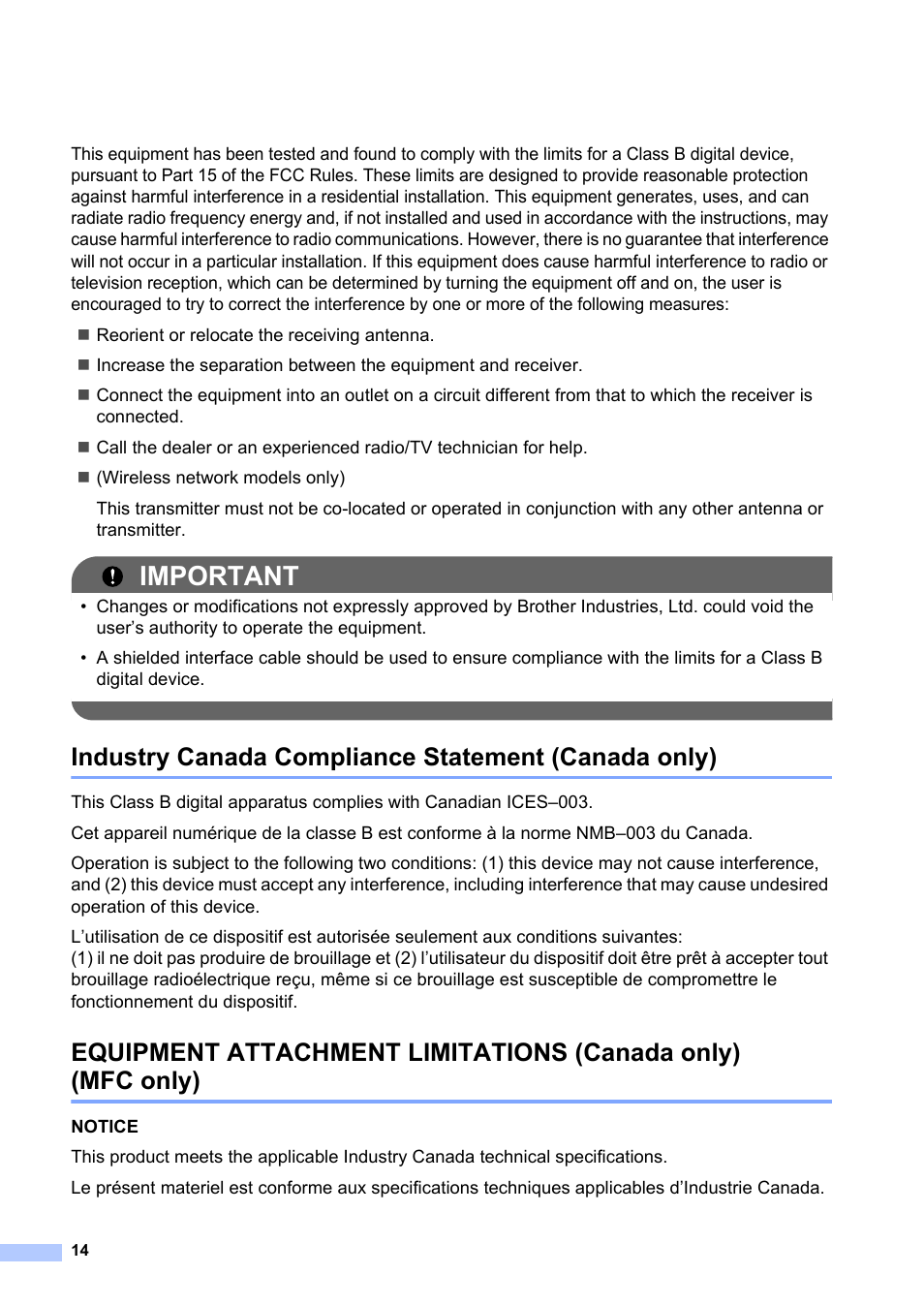 Industry canada compliance statement (canada only), Important | Brother HL-2240 User Manual | Page 14 / 21