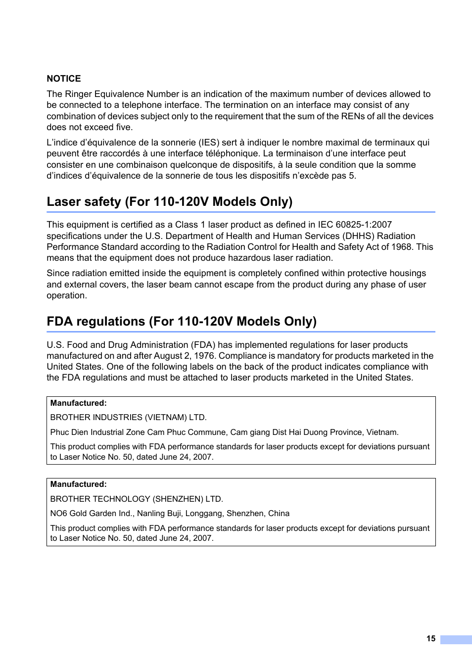 Laser safety (for 110-120v models only), Fda regulations (for 110-120v models only) | Brother HL-2240 User Manual | Page 15 / 21