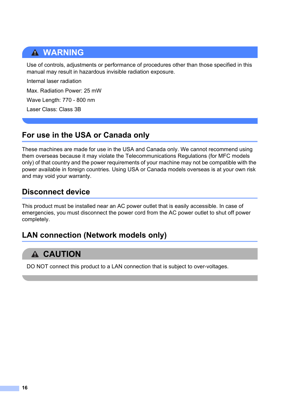 For use in the usa or canada only, Disconnect device, Lan connection (network models only) | Warning, Caution | Brother HL-2240 User Manual | Page 16 / 21