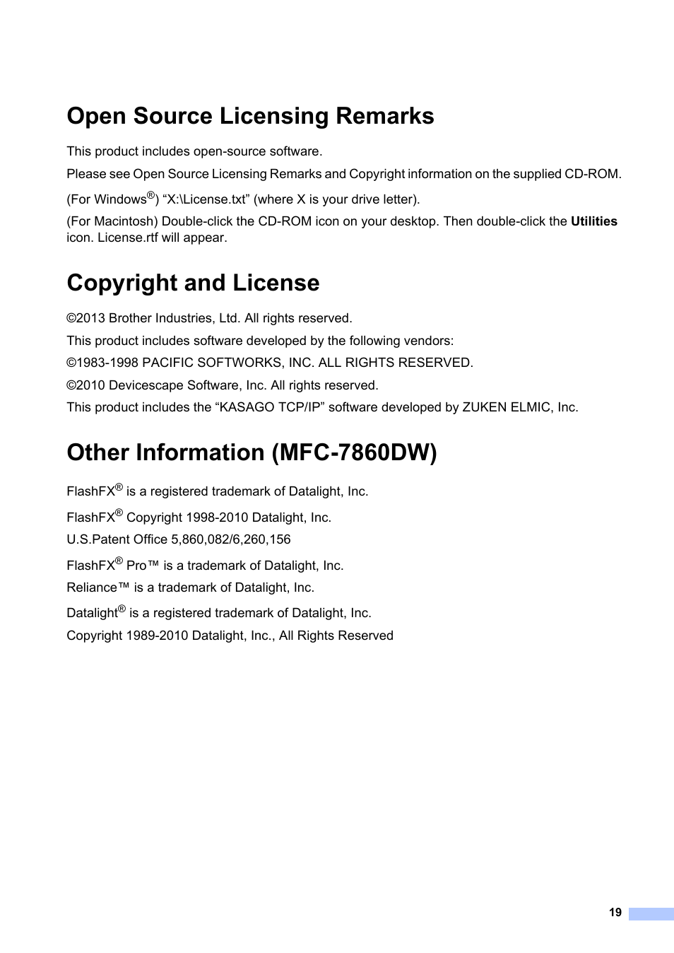 Open source licensing remarks, Copyright and license, Other information (mfc-7860dw) | Brother HL-2240 User Manual | Page 19 / 21