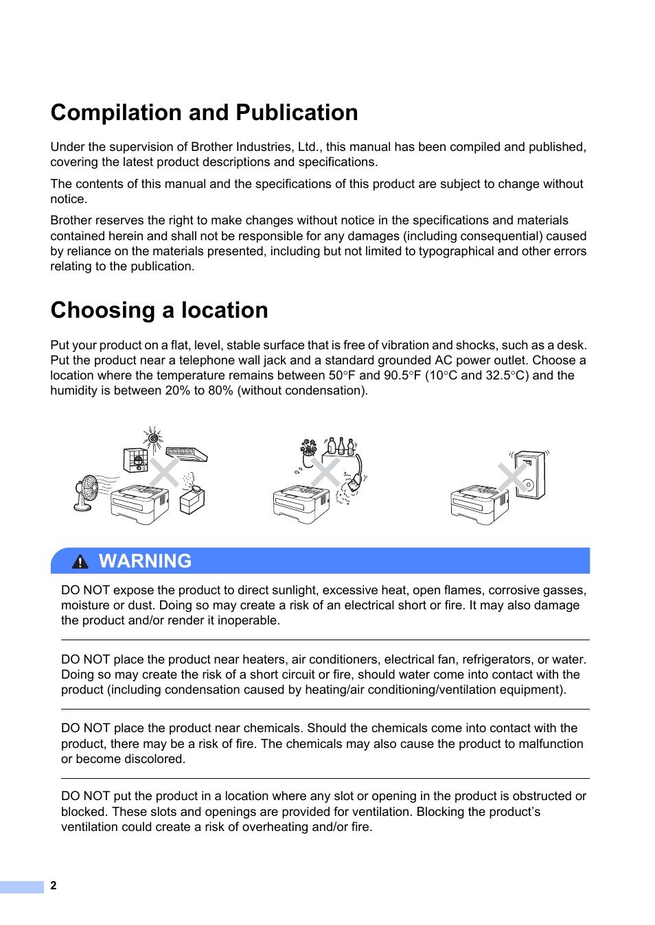 Compilation and publication, Choosing a location, Warning | Brother HL-2240 User Manual | Page 2 / 21