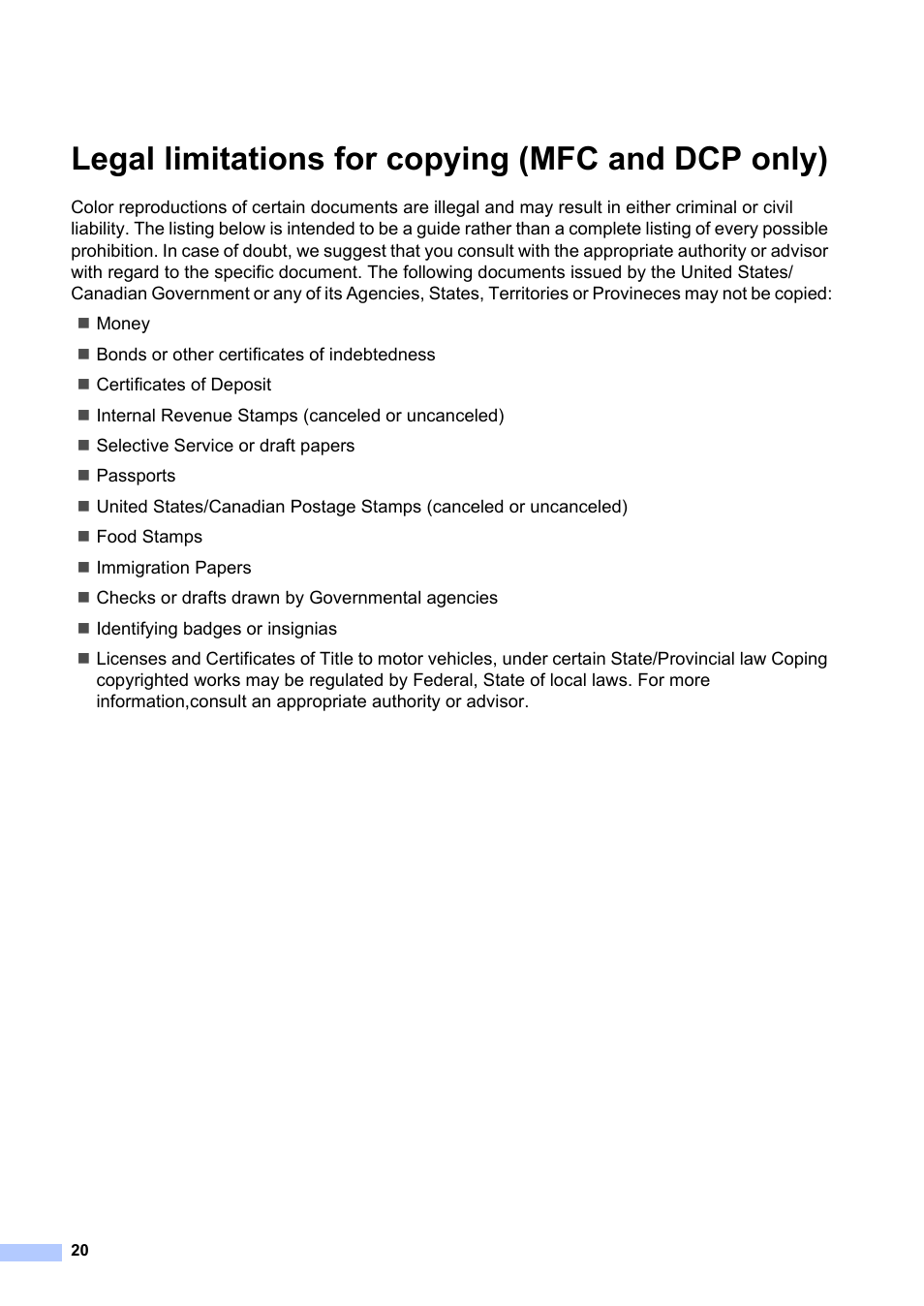 Legal limitations for copying (mfc and dcp only) | Brother HL-2240 User Manual | Page 20 / 21