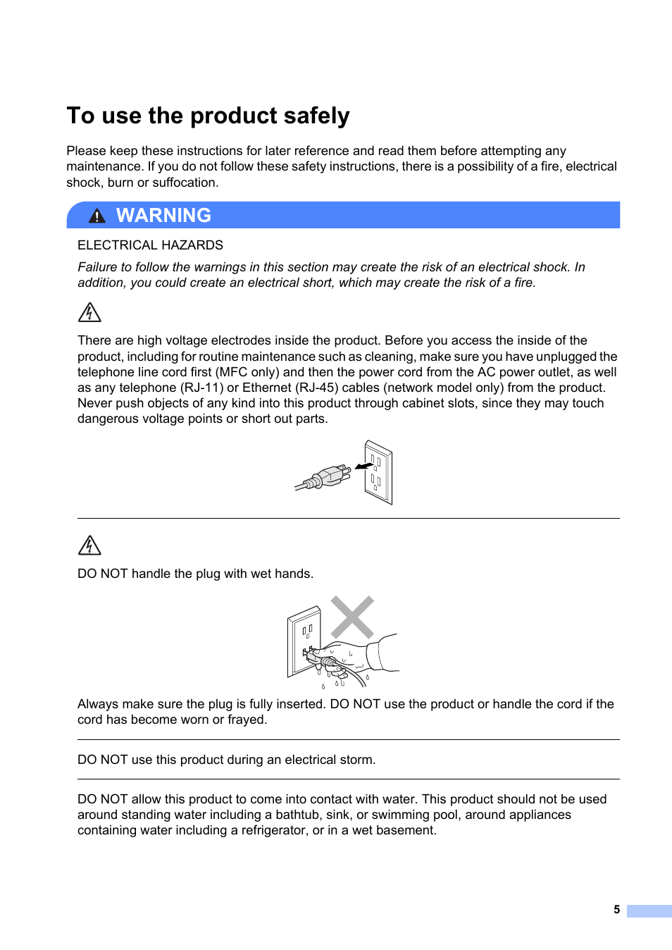 To use the product safely, Warning, Do not handle the plug with wet hands | Do not use this product during an electrical storm | Brother HL-2240 User Manual | Page 5 / 21