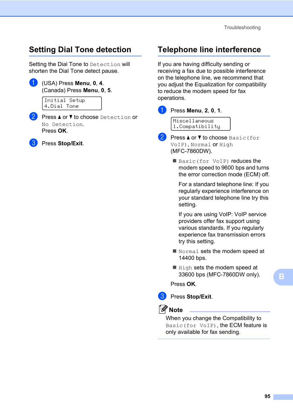 Setting dial tone detection, Telephone line interference, Bsetting dial tone detection | Brother MFC 7860DW User Manual | Page 111 / 162