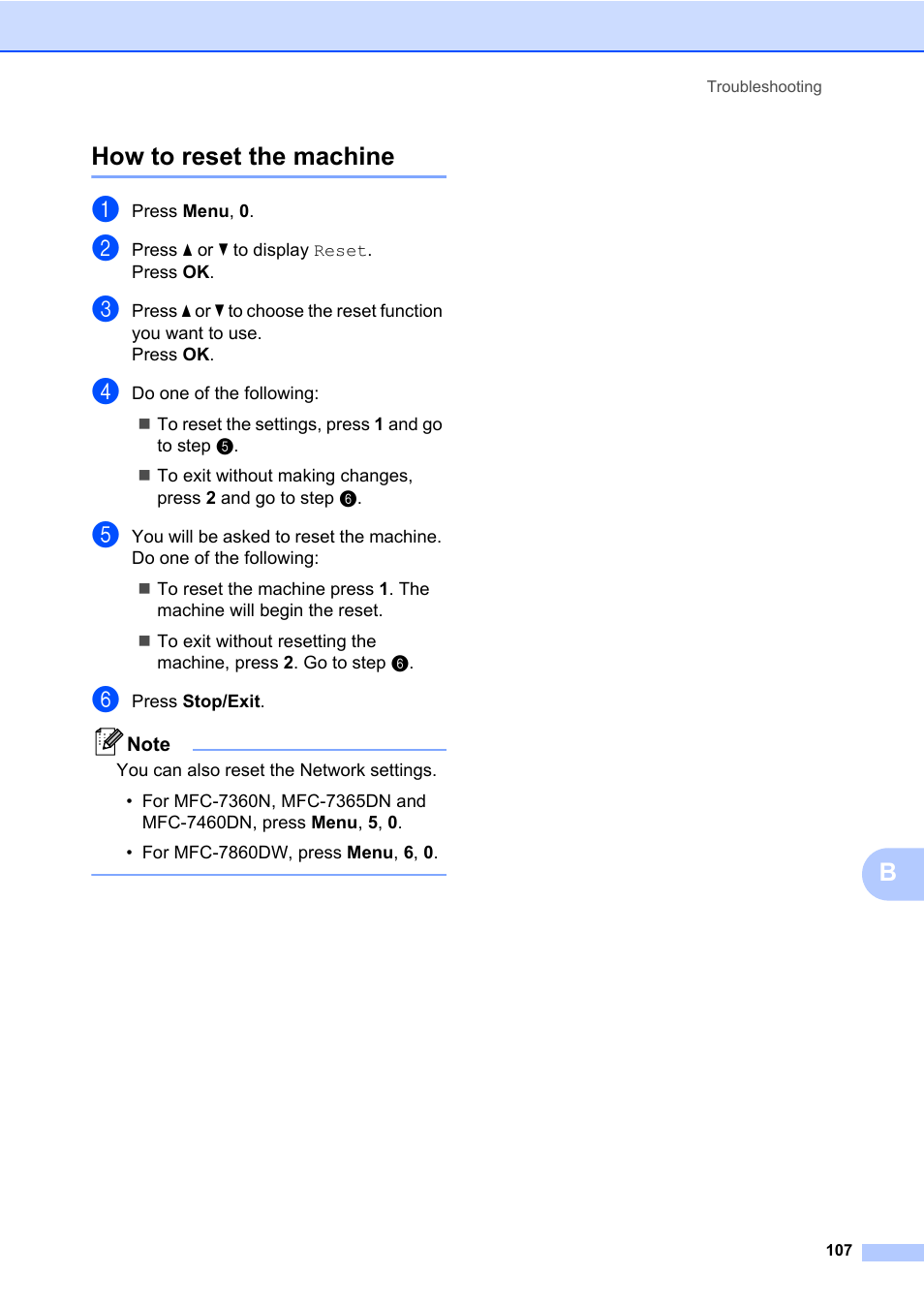 How to reset the machine, Bhow to reset the machine | Brother MFC 7860DW User Manual | Page 123 / 162