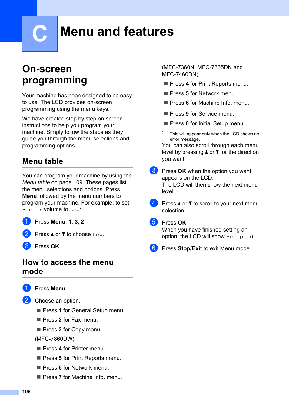 C menu and features, On-screen programming, Menu table | How to access the menu mode, Menu and features, Menu table how to access the menu mode | Brother MFC 7860DW User Manual | Page 124 / 162