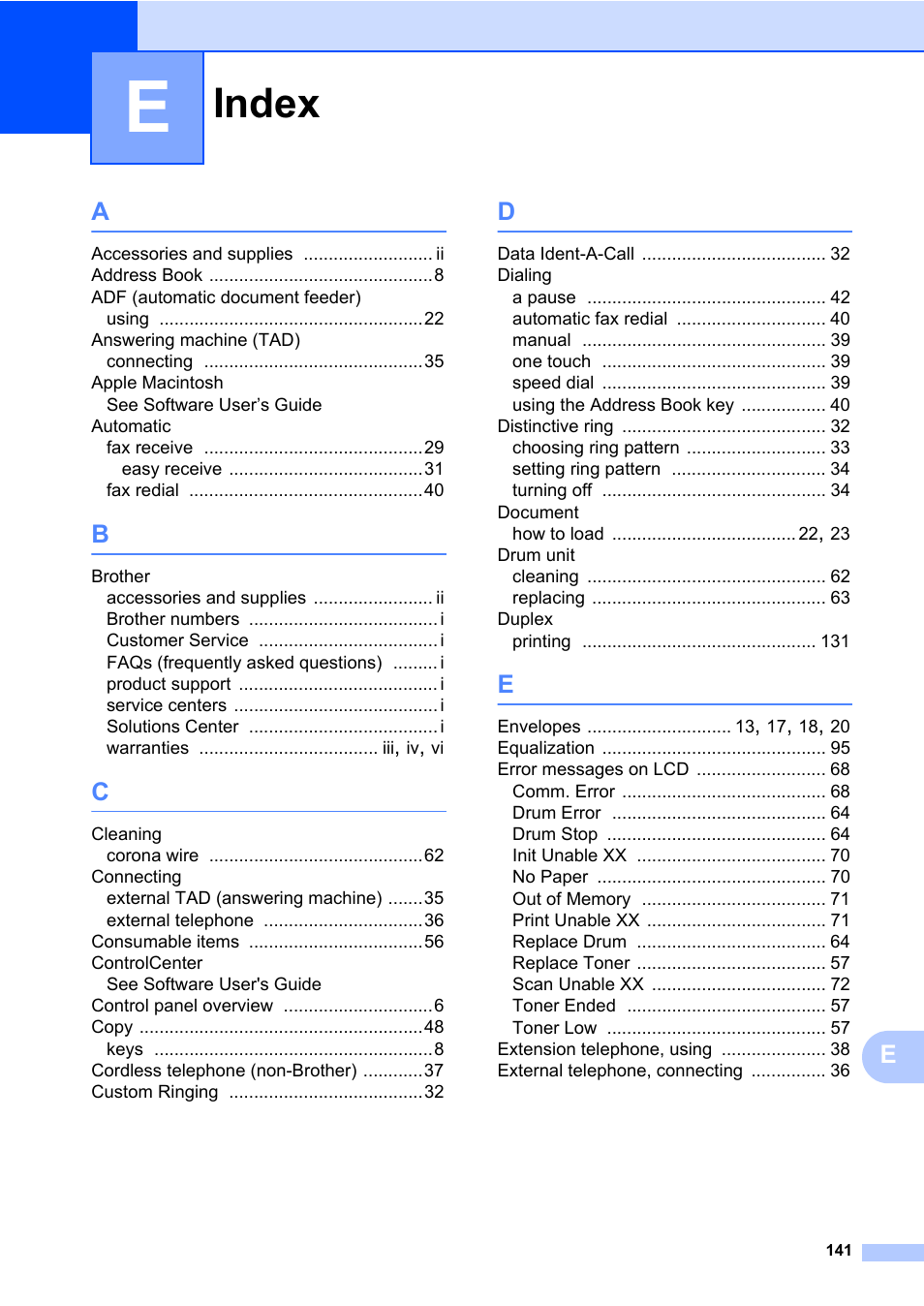 Index | Brother MFC 7860DW User Manual | Page 157 / 162