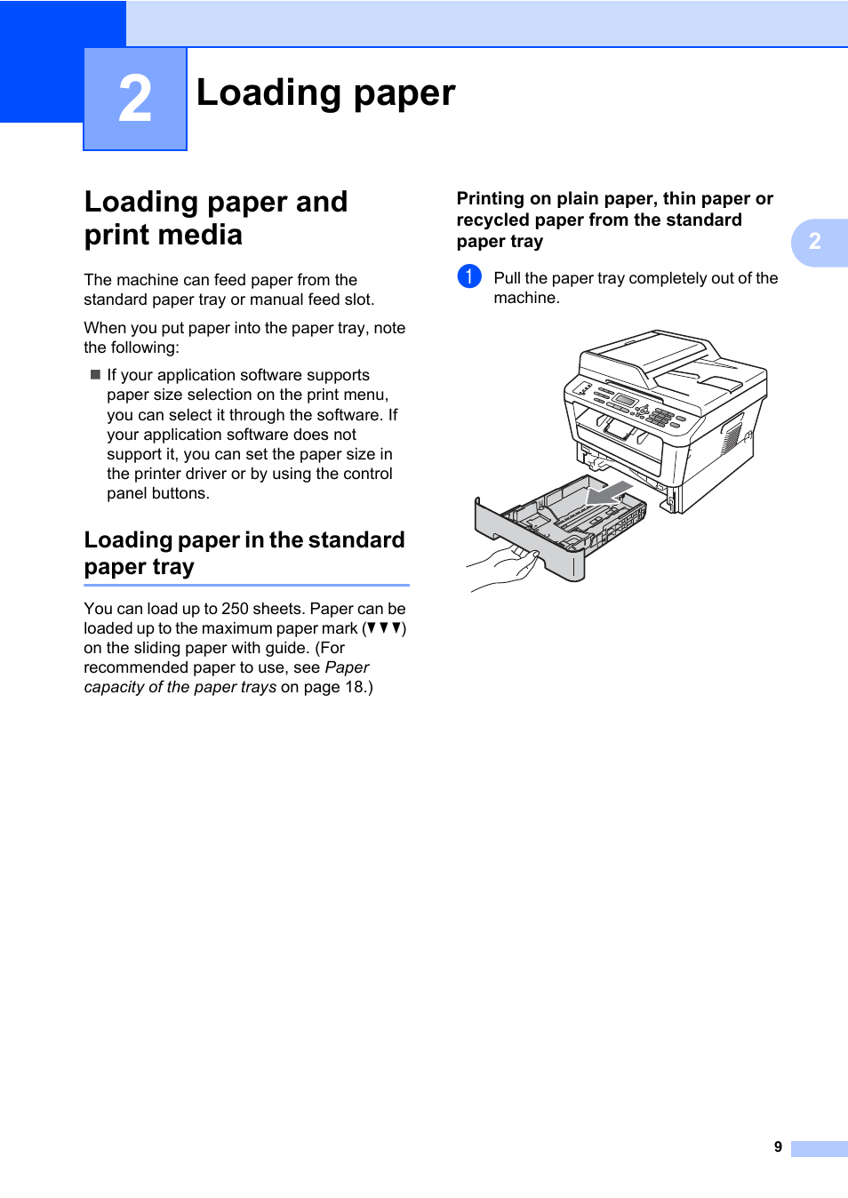2 loading paper, Loading paper and print media, Loading paper in the standard paper tray | Loading paper | Brother MFC 7860DW User Manual | Page 25 / 162