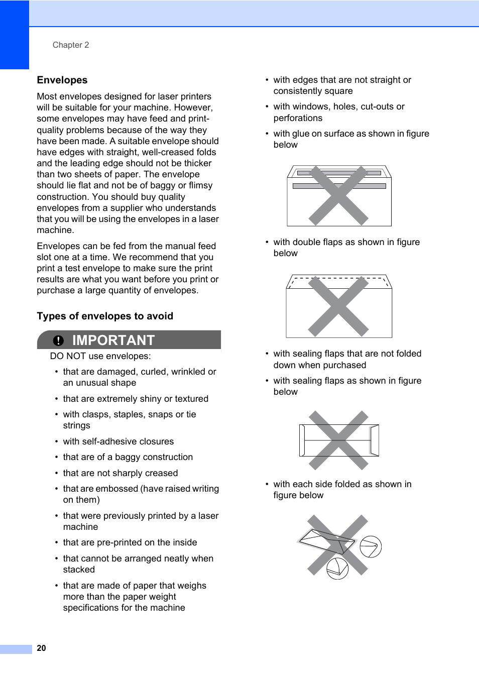 Envelopes, Types of envelopes to avoid, Important | Brother MFC 7860DW User Manual | Page 36 / 162