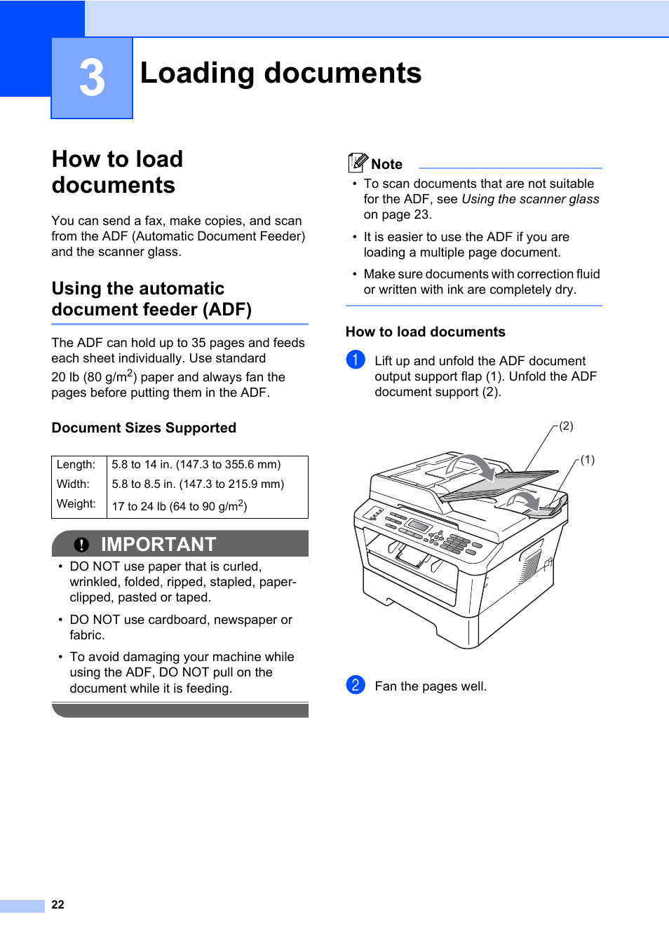 3 loading documents, How to load documents, Using the automatic document feeder (adf) | Document sizes supported, Loading documents, Important | Brother MFC 7860DW User Manual | Page 38 / 162