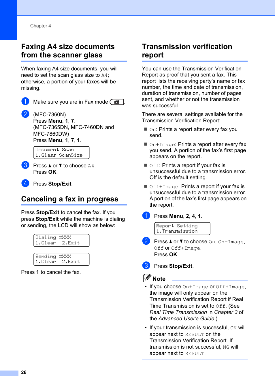 Faxing a4 size documents from the scanner glass, Canceling a fax in progress, Transmission verification report | Brother MFC 7860DW User Manual | Page 42 / 162