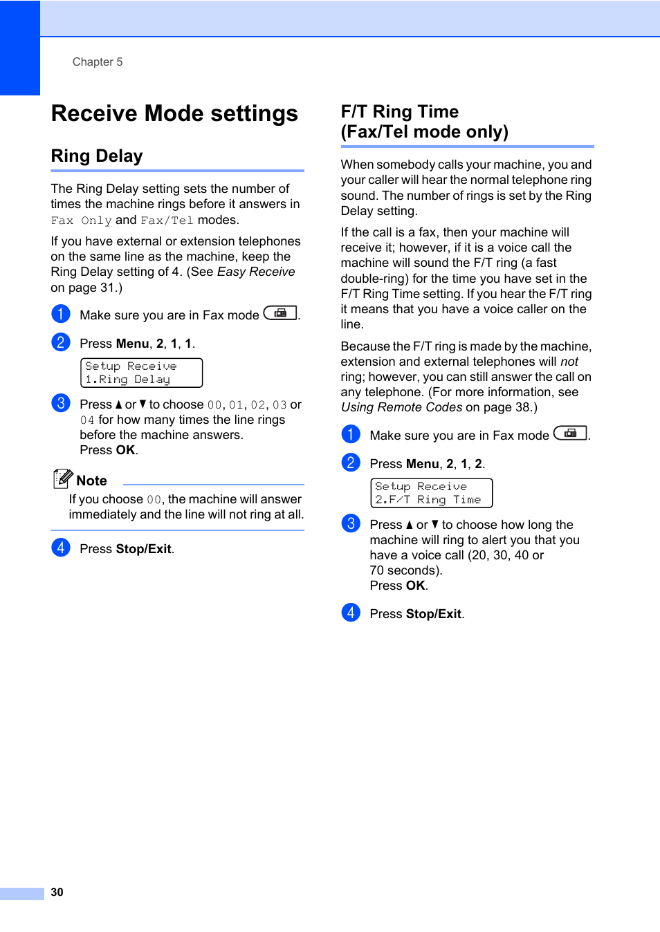 Receive mode settings, Ring delay, F/t ring time (fax/tel mode only) | Ring delay f/t ring time (fax/tel mode only) | Brother MFC 7860DW User Manual | Page 46 / 162