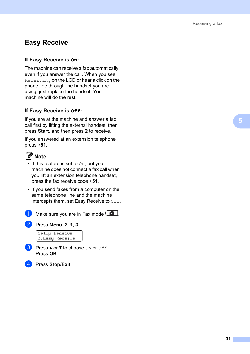 Easy receive, If easy receive is on, If easy receive is off | 5easy receive | Brother MFC 7860DW User Manual | Page 47 / 162