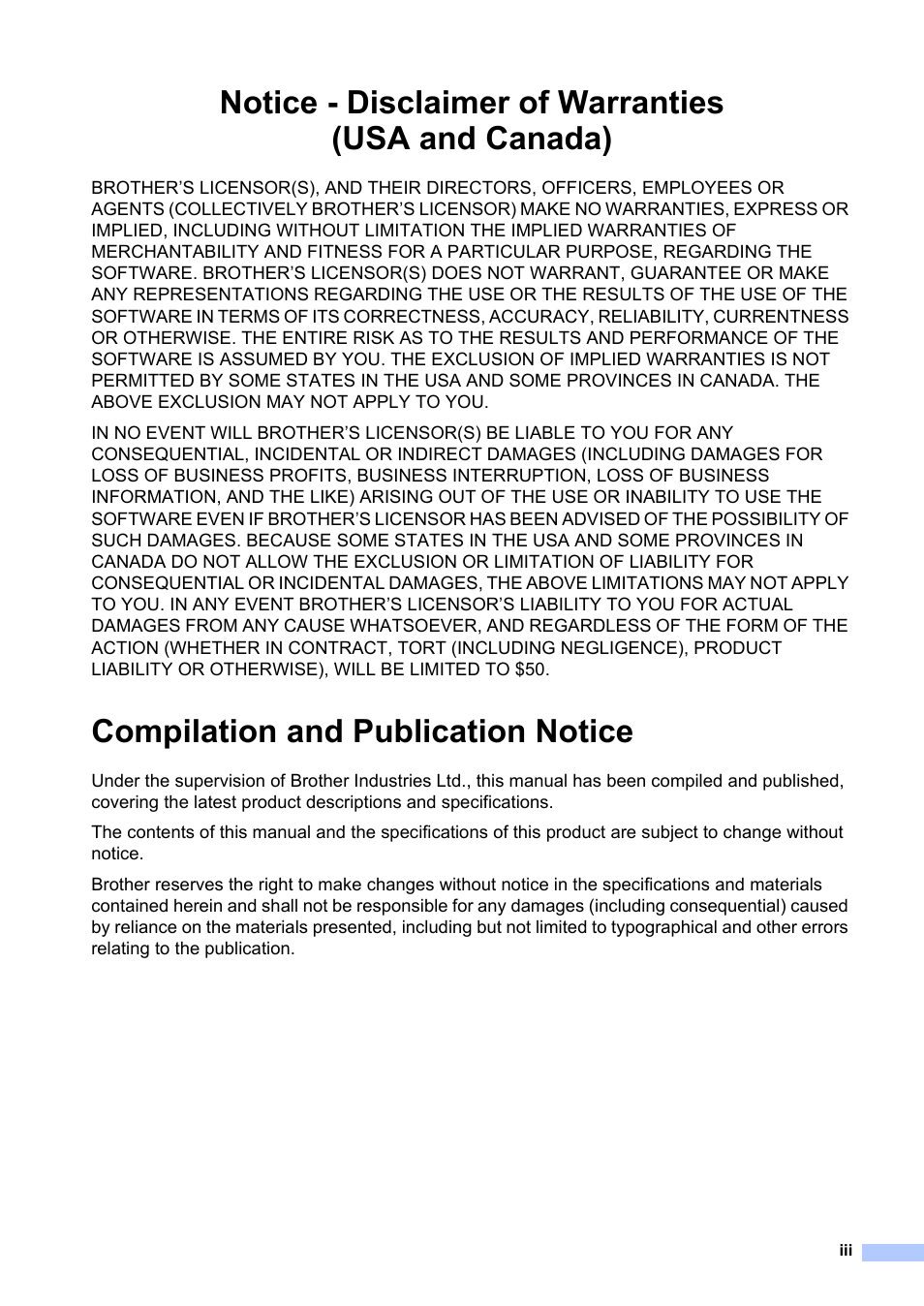 Notice - disclaimer of warranties (usa and canada), Compilation and publication notice | Brother MFC 7860DW User Manual | Page 5 / 162