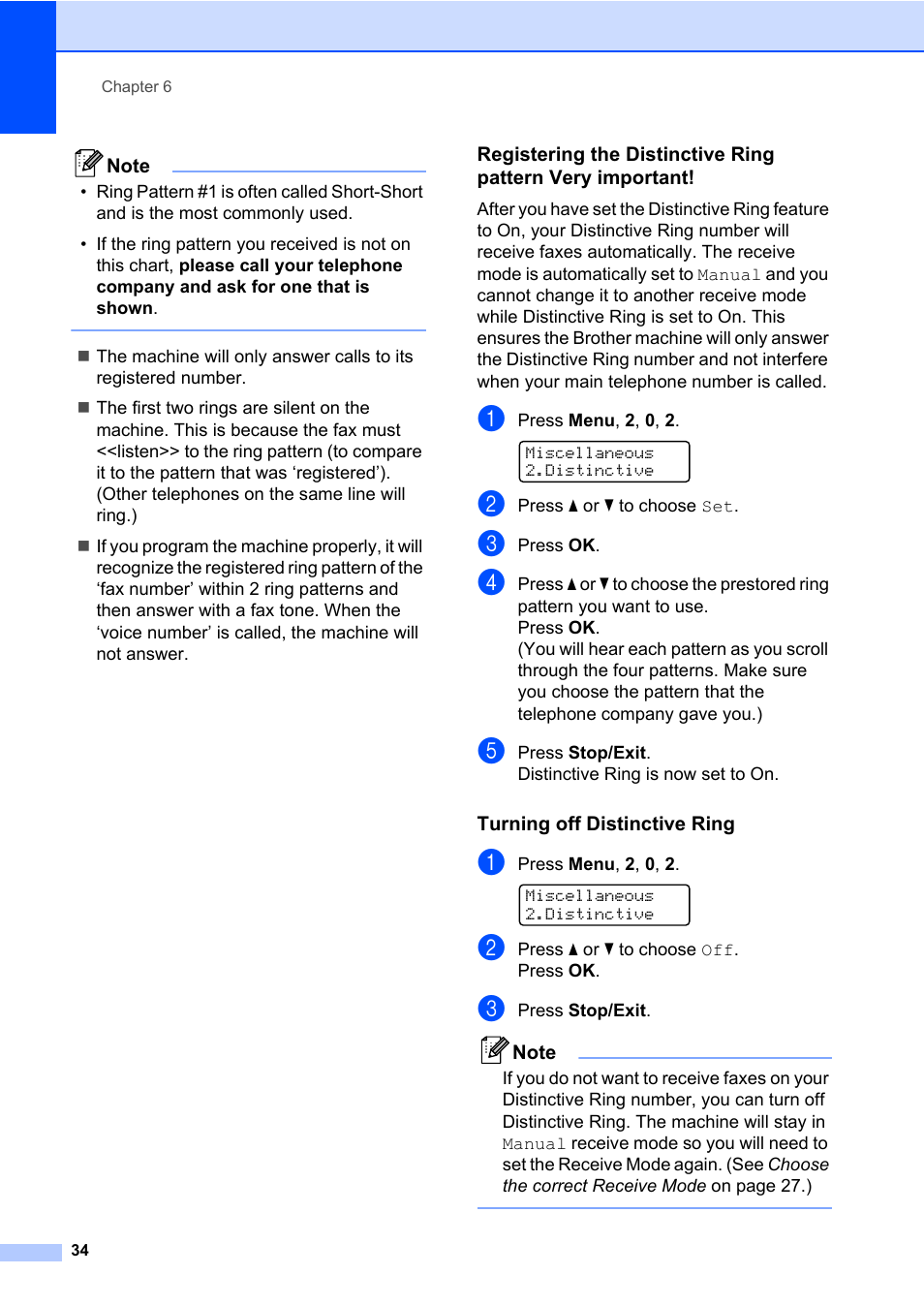 Turning off distinctive ring | Brother MFC 7860DW User Manual | Page 50 / 162