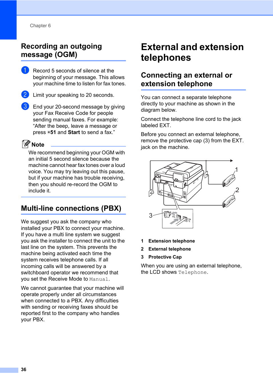 Recording an outgoing message (ogm), Multi-line connections (pbx), External and extension telephones | Connecting an external or extension telephone | Brother MFC 7860DW User Manual | Page 52 / 162