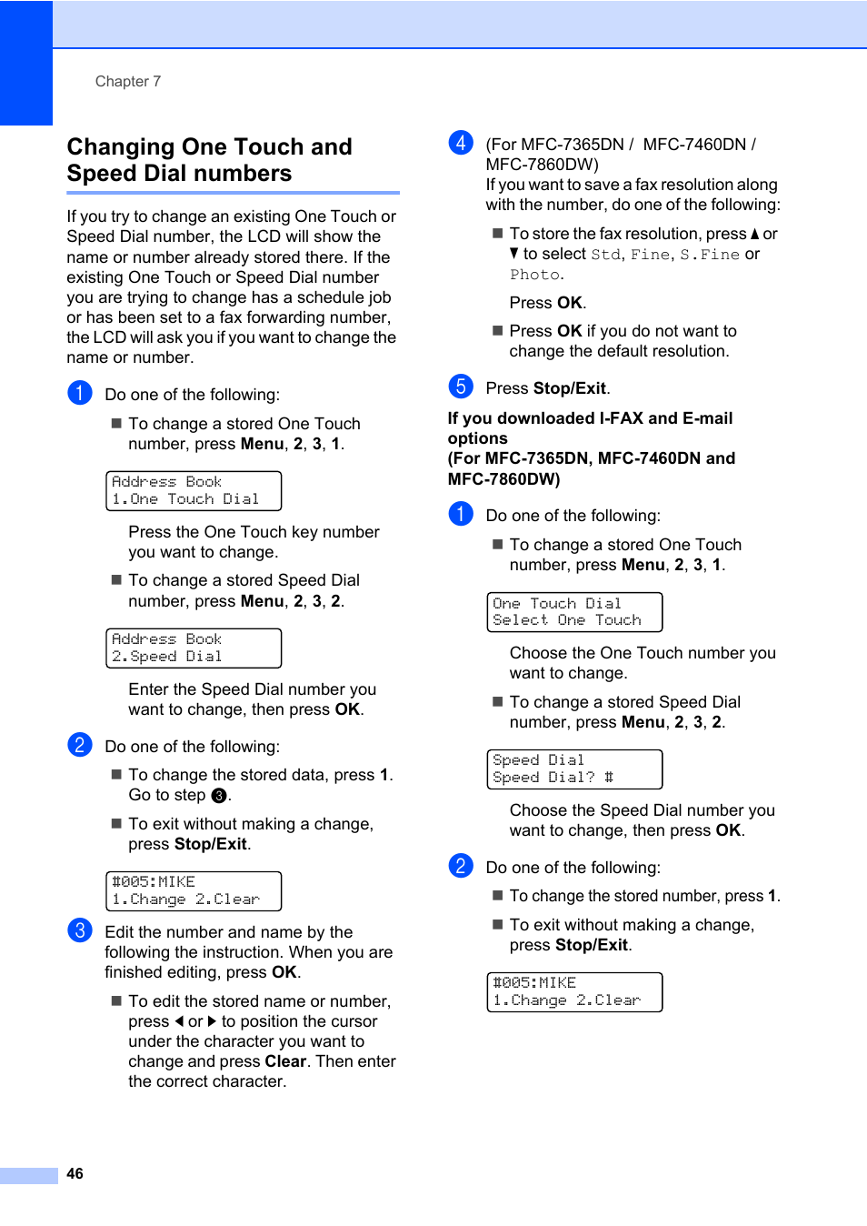 Changing one touch and speed dial numbers | Brother MFC 7860DW User Manual | Page 62 / 162