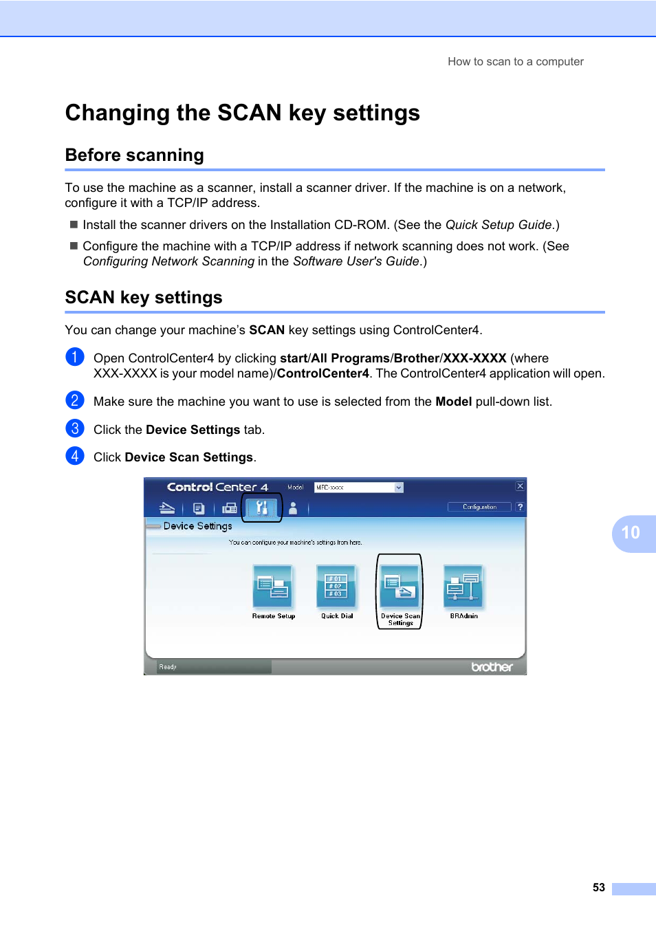 Changing the scan key settings, Before scanning, Scan key settings | Before scanning scan key settings | Brother MFC 7860DW User Manual | Page 69 / 162