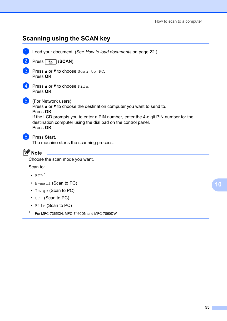 Scanning using the scan key, 10 scanning using the scan key | Brother MFC 7860DW User Manual | Page 71 / 162