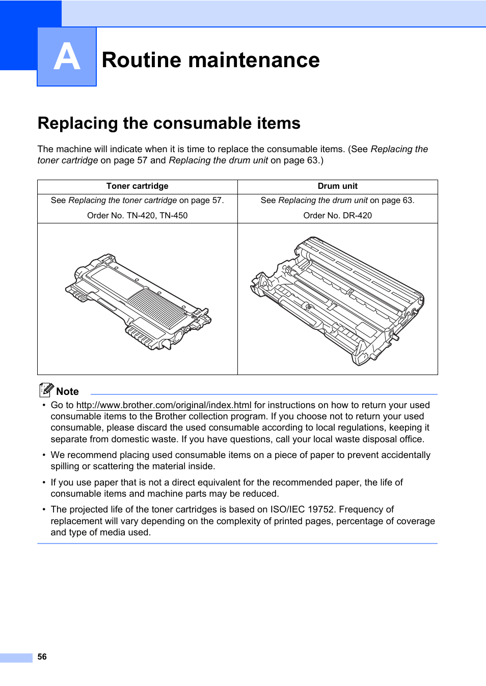 A routine maintenance, Replacing the consumable items, Routine maintenance | Brother MFC 7860DW User Manual | Page 72 / 162