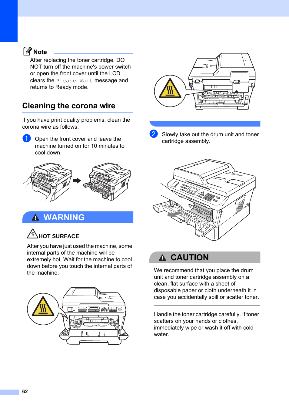 Cleaning the corona wire, Warning, Caution | Brother MFC 7860DW User Manual | Page 78 / 162