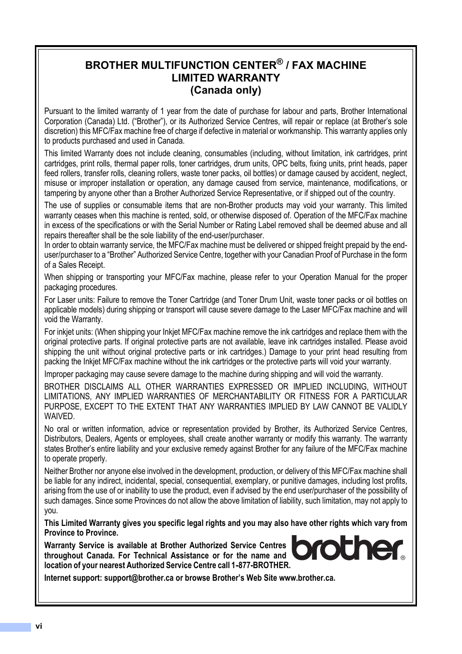 Brother multifunction center, Fax machine limited warranty (canada only) | Brother MFC 7860DW User Manual | Page 8 / 162